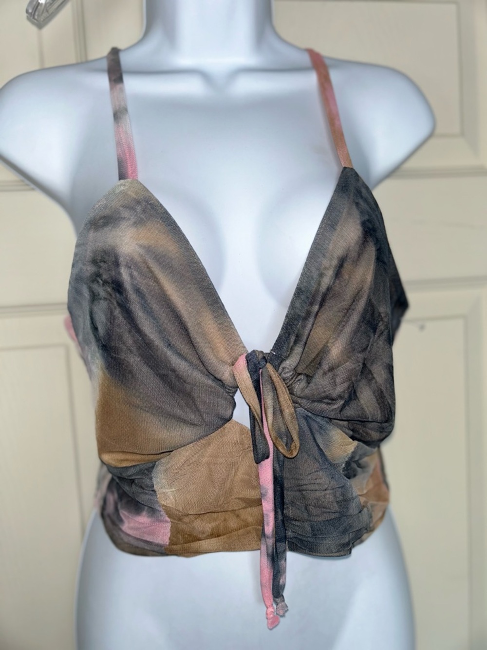 Tie-Front Mesh Cami Tank Top in Brown Multi